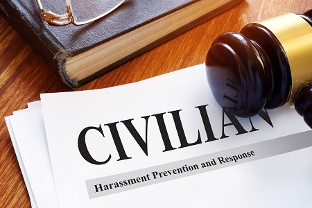 Law books and papers with title Civilian Harassment Prvention and Response 